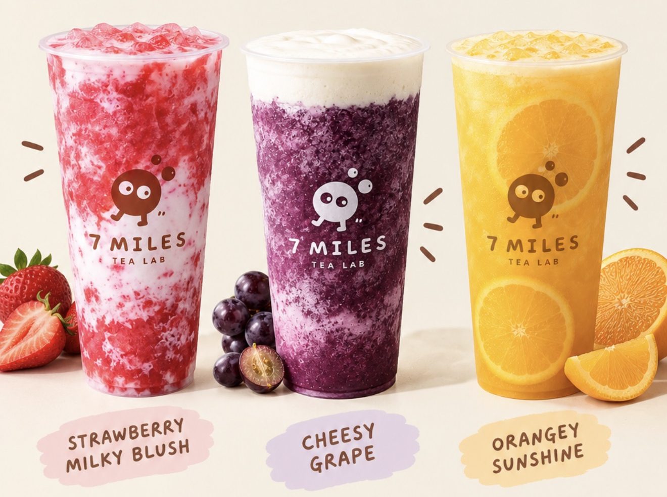 Strawberry Milky Blush, Cheesy Grape and Orangey Sunshine side by side