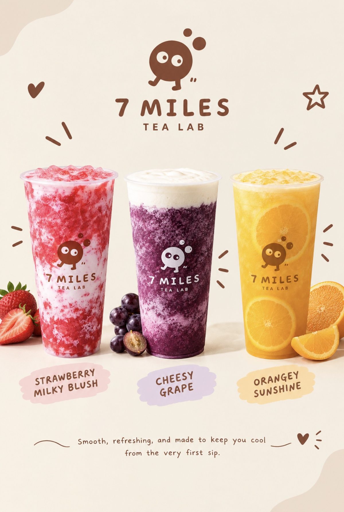 7 Miles poster: Strawberry Milky Blush, Cheesy Grape and Orangey Sunshine